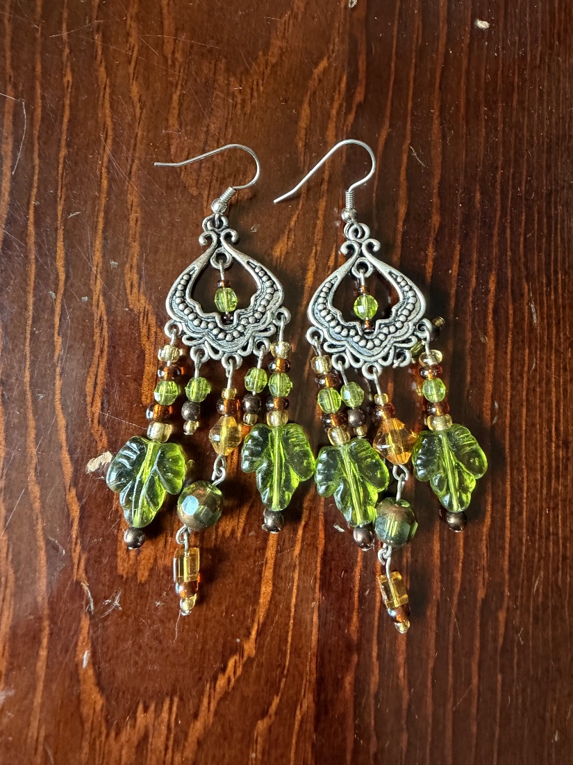 Boho Chandelier Earrings — Green Leaf & Glass Bead Drop