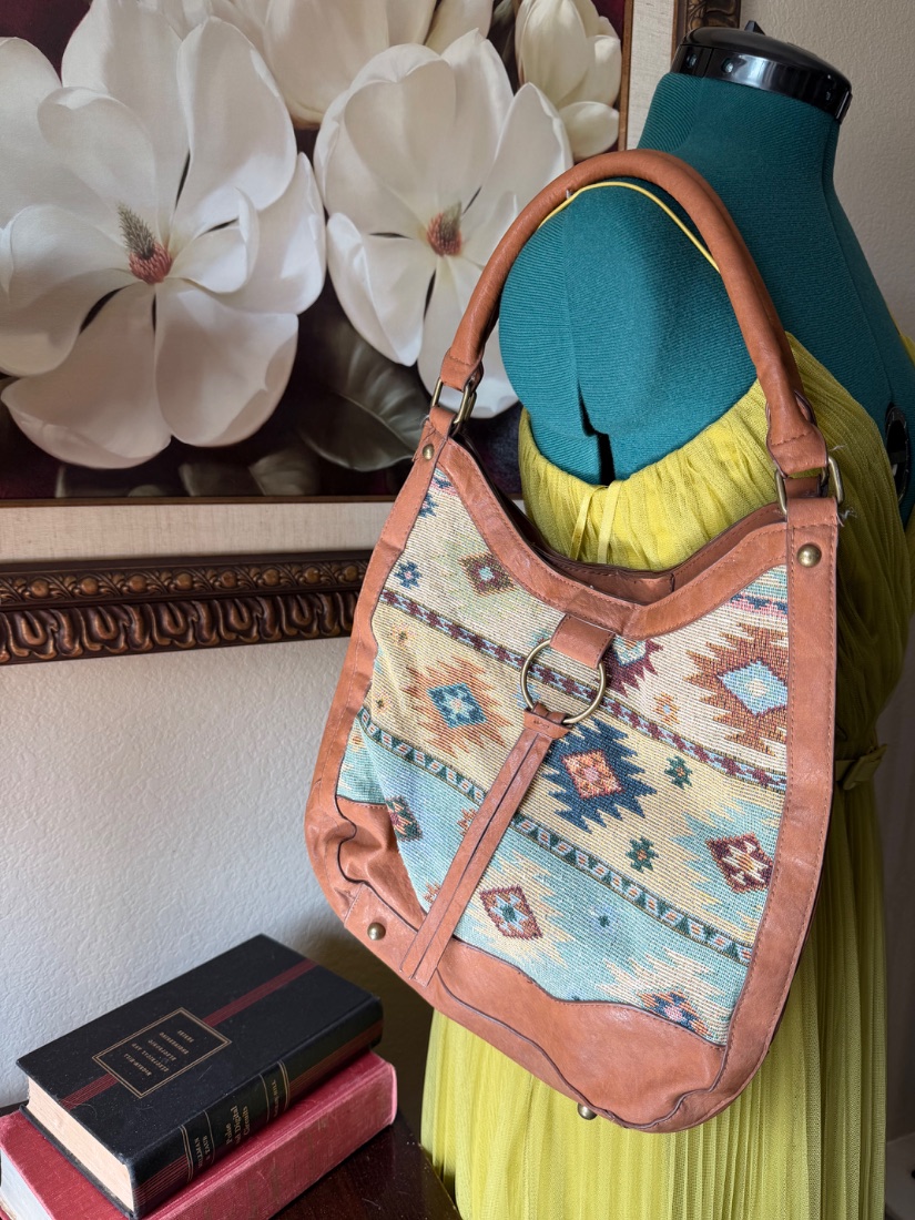 Bueno Southwestern Tapestry Hobo Bag – Tan Faux Leather & Aztec Print