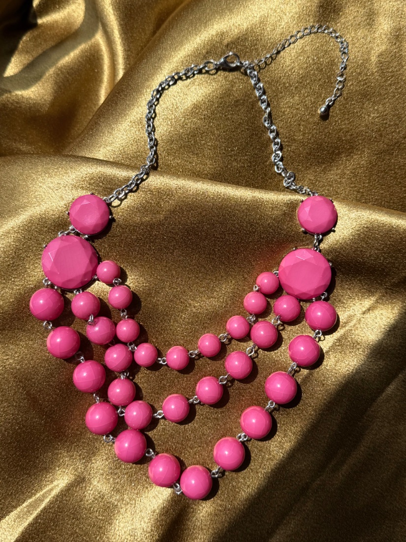 Pink Bubble Bib Statement Necklace — Multi-Strand Beaded Collar
