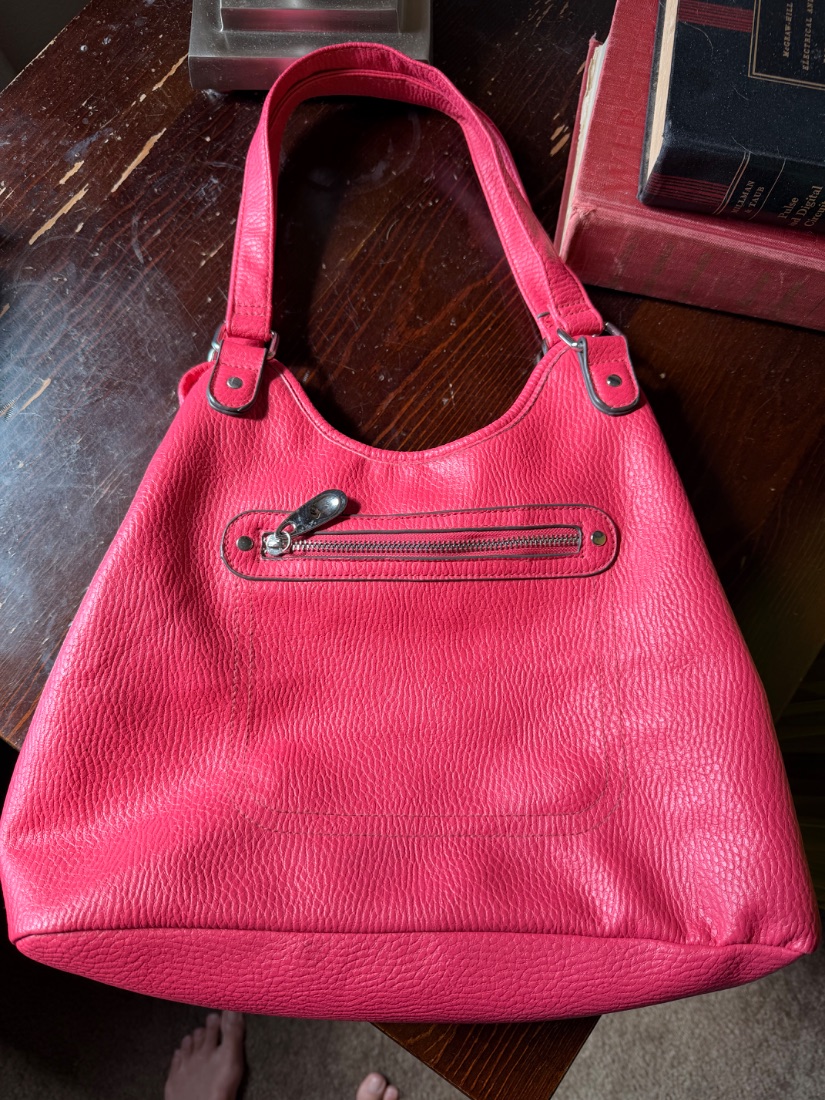 Pink Pebbled Faux Leather Hobo Bag — Front Zip Pocket