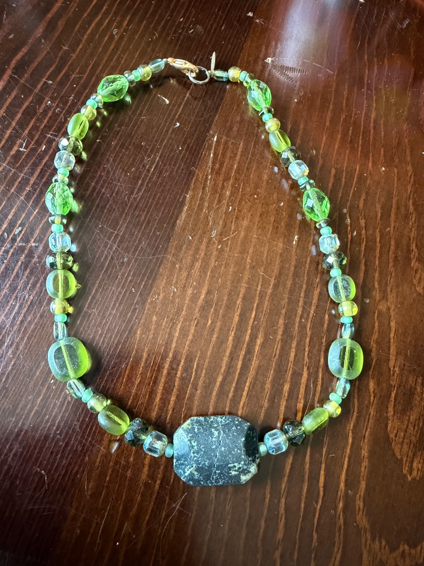 Teresa Goodall Signed Beaded Necklace — Green Glass & Stone Focal, Artisan Boho