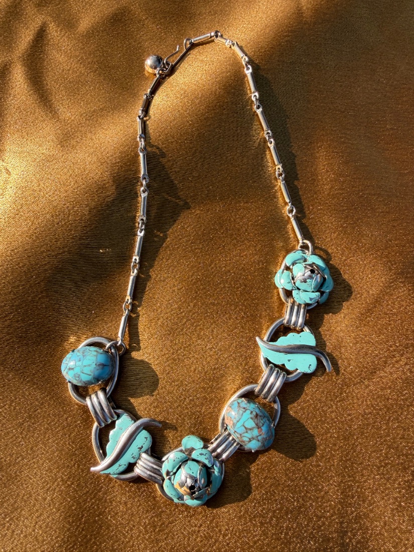 Vintage Mexican Silver-Tone & Turquoise Necklace — 16”