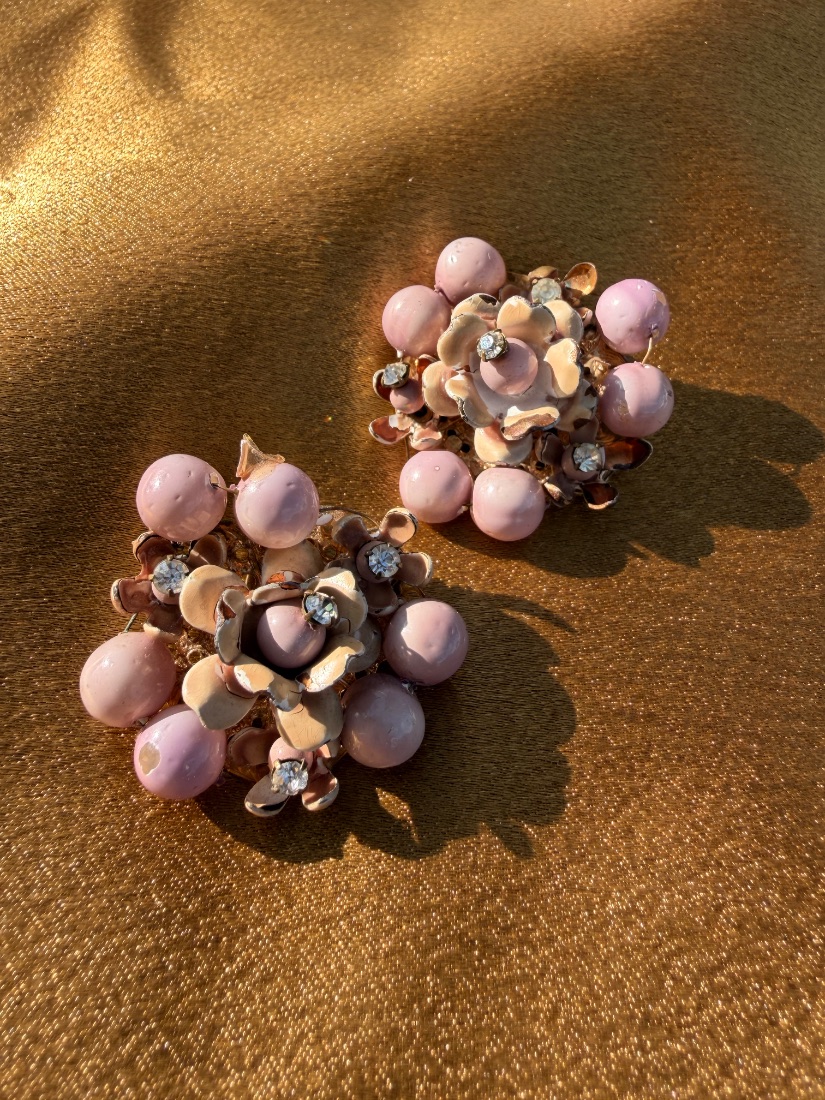 Vintage Pink Cluster Bead Cocktail Clip-On Earrings
