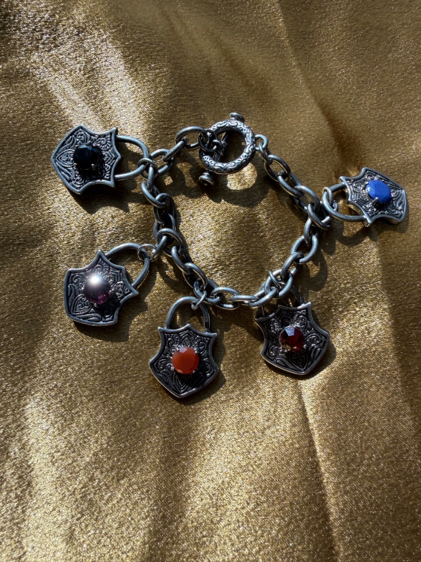 Vintage Silver-Tone Shield Charm Bracelet with Multicolor Crystal Stones