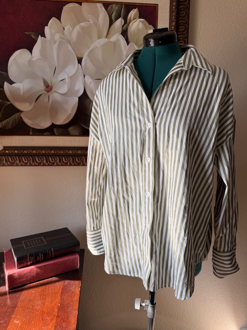 Zara Green & White Striped Button-Up Shirt
